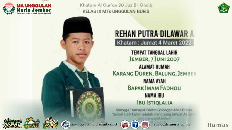 Tuntas Khataman Hafalan 30 Juz, Remaja asal Balung ini Berharap Rida Allah dan Banggakan Kedua Orang Tua